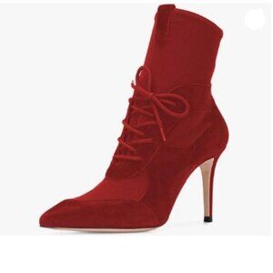 YDN Red Lace Up Ankle Boots Pointed Toe Stiletto High Heel Suede Dress Boot